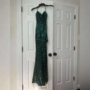 B. Darlin Spaghetti Strap Cross Back Placed Sequin Gown